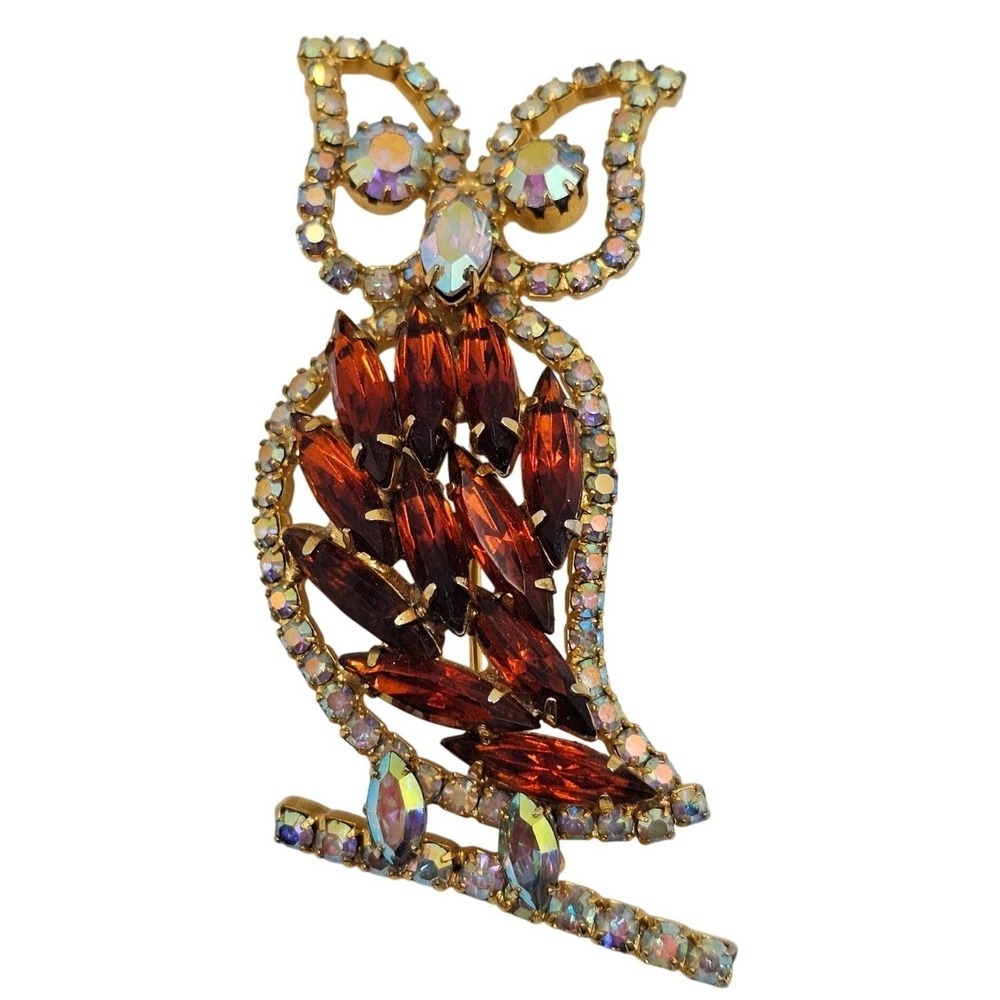 Vtg Rhinestone Owl Brooch Gold Tone Aurora Borealis‎ Figural 2.5" Pin Woodland